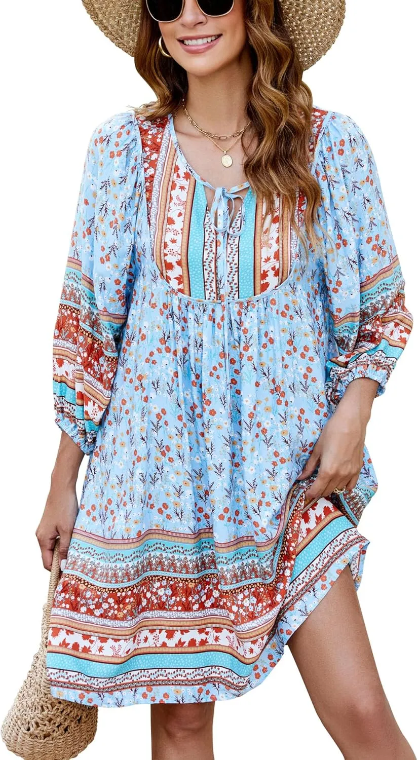 Bluetime Women Casual Summer Dress Boho V Neck 3/4 Sleeve Babydoll Floral Print Flowy Beach Dress
