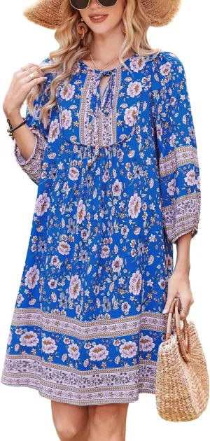 Bluetime Women Casual Summer Dress Boho V Neck 3/4 Sleeve Babydoll Floral Print Flowy Beach Dress