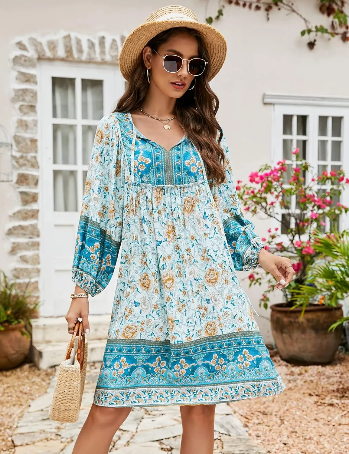 Bluetime Women Casual Summer Dress Boho V Neck 3/4 Sleeve Babydoll Floral Print Flowy Beach Dress