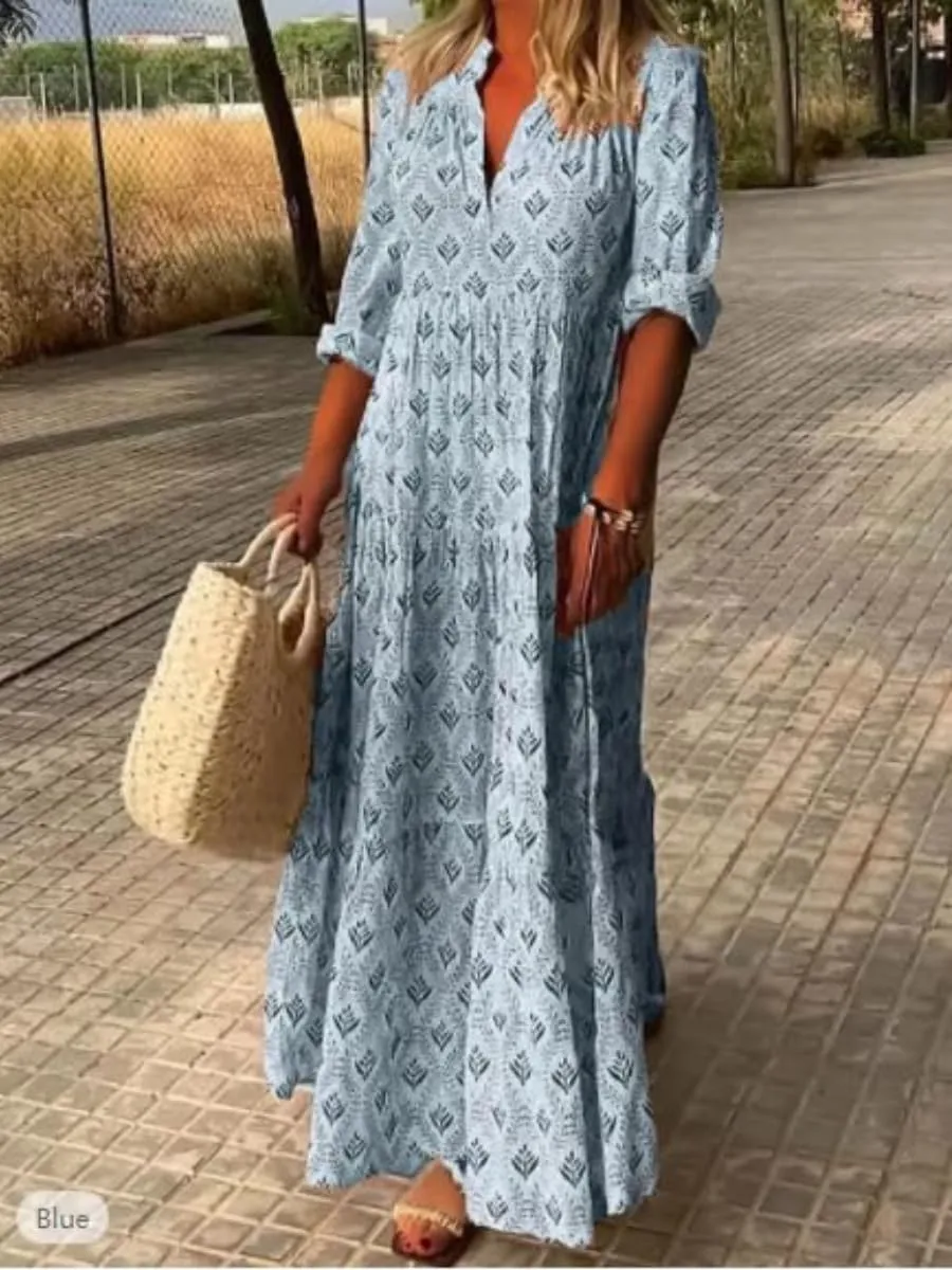 Boho Casual Loose Long Sleeve Maxi Dress for Womens Vintage Print Pleated Crewneck Flowy Baggy Long Dress