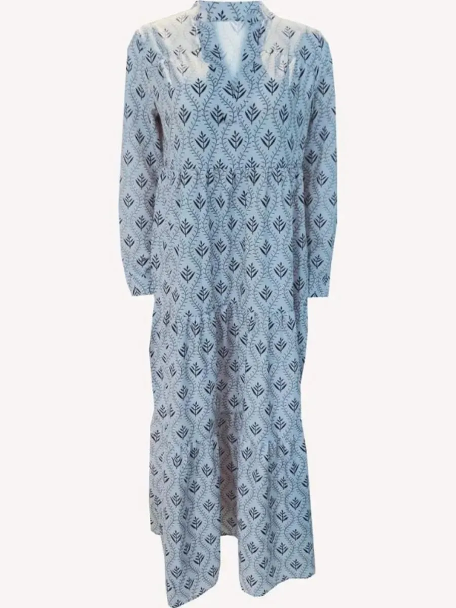 Boho Casual Loose Long Sleeve Maxi Dress for Womens Vintage Print Pleated Crewneck Flowy Baggy Long Dress