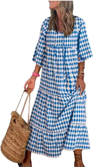 Boho Maxi Dress for Womens Vintage Print Crewneck Long Sleeve Pleated Vacation Dress Flowy Baggy Long Dresses