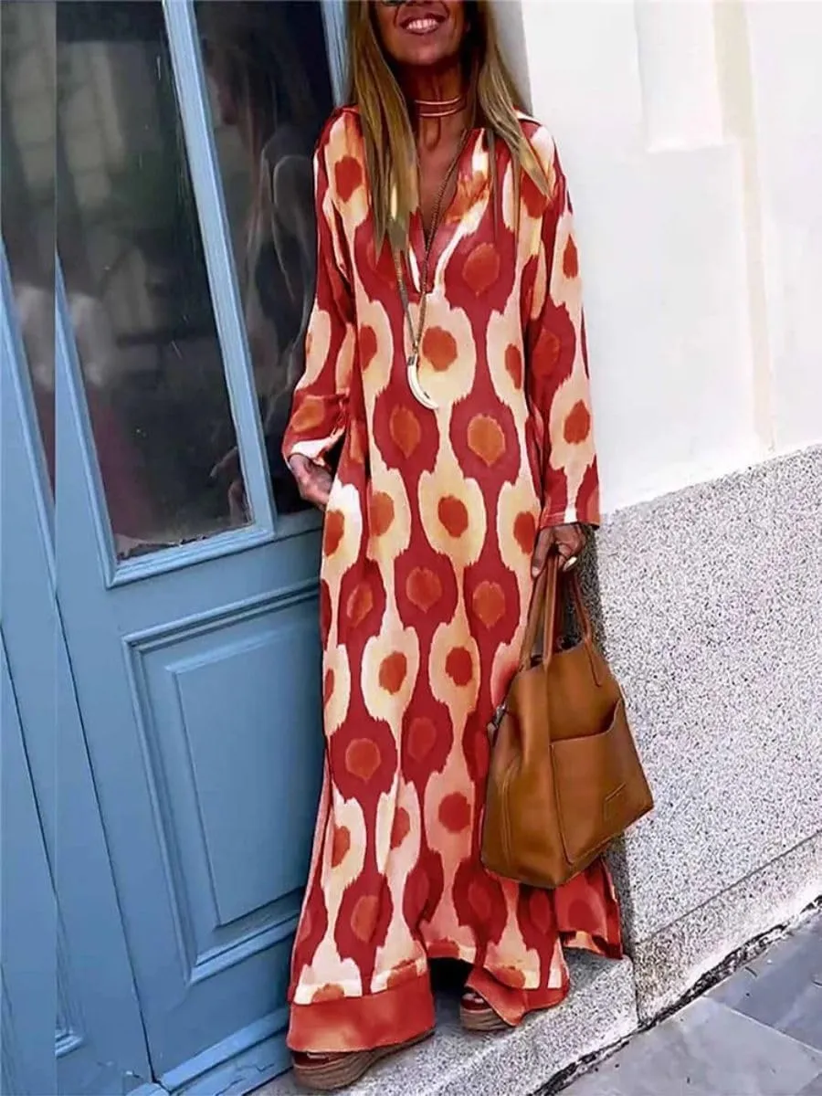 Boho Maxi Dress for Womens Vintage Print Crewneck Long Sleeve Pleated Vacation Dress Flowy Baggy Long Dresses