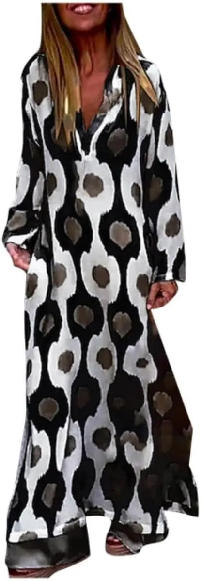 Boho Maxi Dress for Womens Vintage Print Crewneck Long Sleeve Pleated Vacation Dress Flowy Baggy Long Dresses