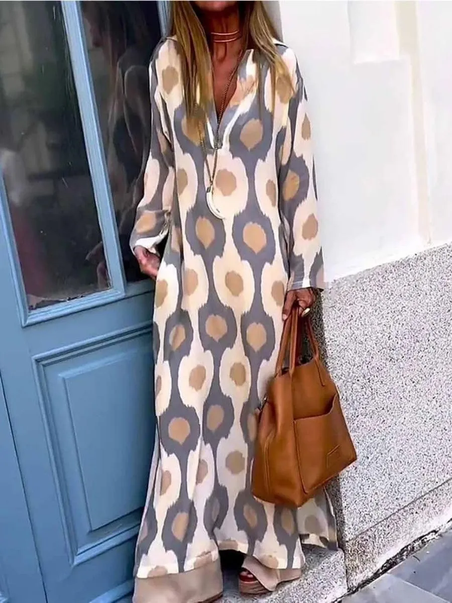 Boho Maxi Dress for Womens Vintage Print Crewneck Long Sleeve Pleated Vacation Dress Flowy Baggy Long Dresses