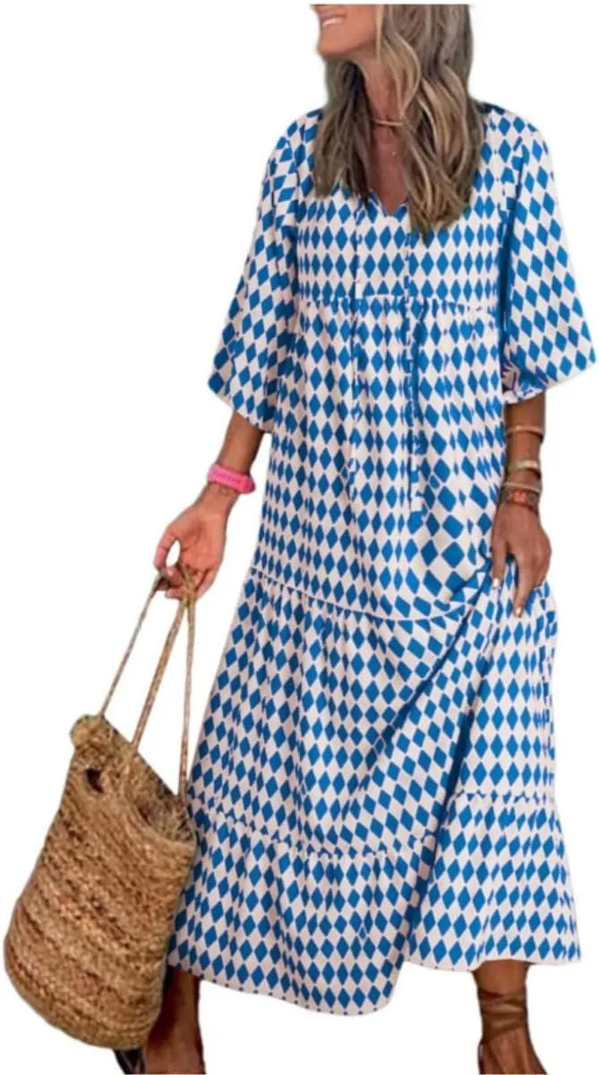 Boho Maxi Dress for Womens Vintage Print Crewneck Long Sleeve Pleated Vacation Dress Flowy Baggy Long Dresses