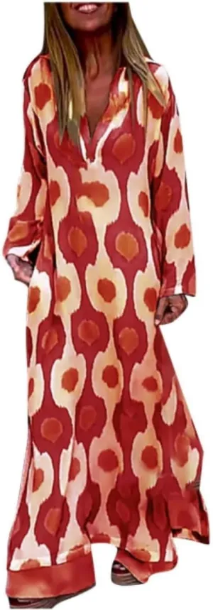 Boho Maxi Dress for Womens Vintage Print Crewneck Long Sleeve Pleated Vacation Dress Flowy Baggy Long Dresses