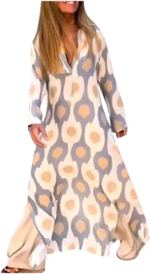 Boho Maxi Dress for Womens Vintage Print Crewneck Long Sleeve Pleated Vacation Dress Flowy Baggy Long Dresses