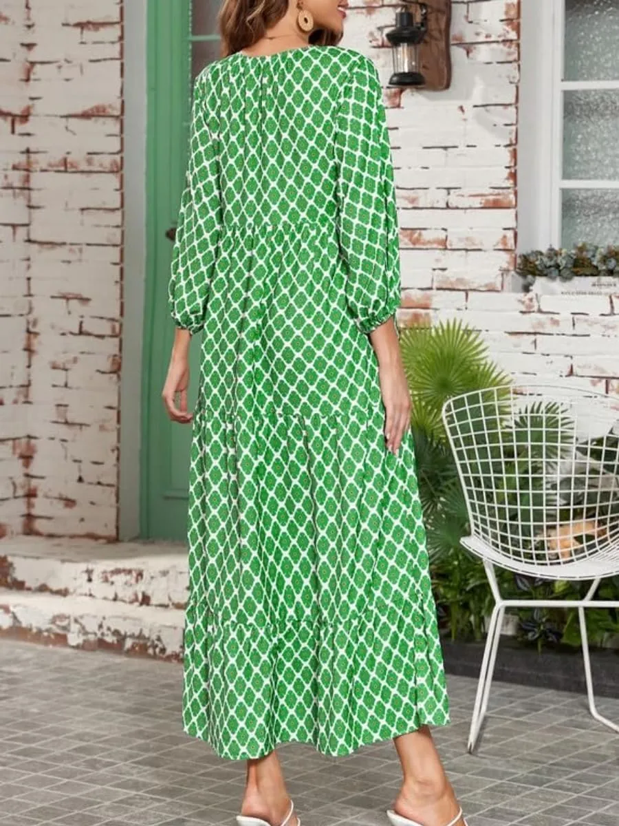Boho Maxi Dress for Womens Vintage Print Crewneck Long Sleeve Pleated Vacation Dress Flowy Baggy Long Dresses