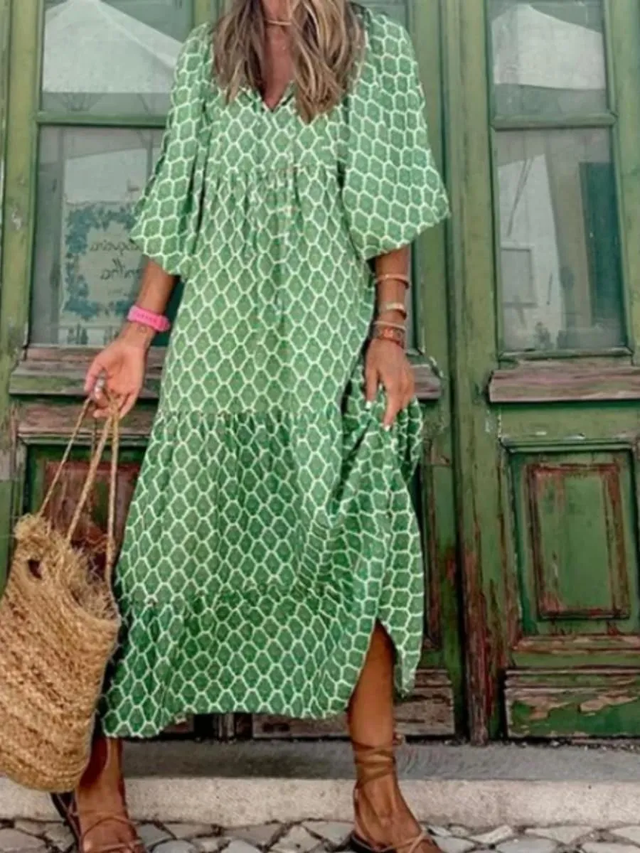 Boho Maxi Dress for Womens Vintage Print Crewneck Long Sleeve Pleated Vacation Dress Flowy Baggy Long Dresses