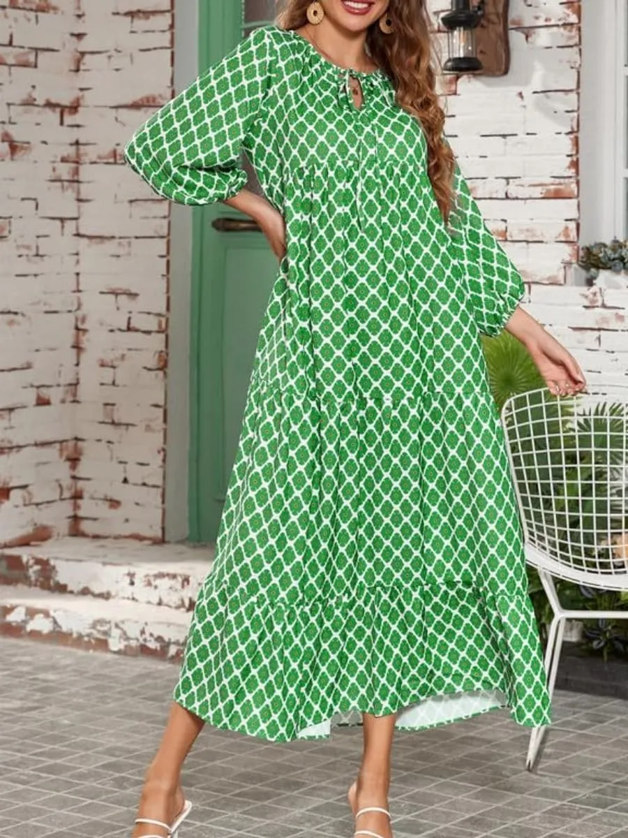 Boho Maxi Dress for Womens Vintage Print Crewneck Long Sleeve Pleated Vacation Dress Flowy Baggy Long Dresses