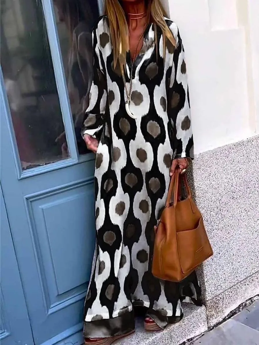 Boho Maxi Dress for Womens Vintage Print Crewneck Long Sleeve Pleated Vacation Dress Flowy Baggy Long Dresses