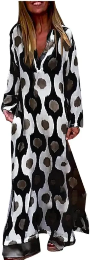Boho Maxi Dress for Womens Vintage Print Crewneck Long Sleeve Pleated Vacation Dress Flowy Baggy Long Dresses