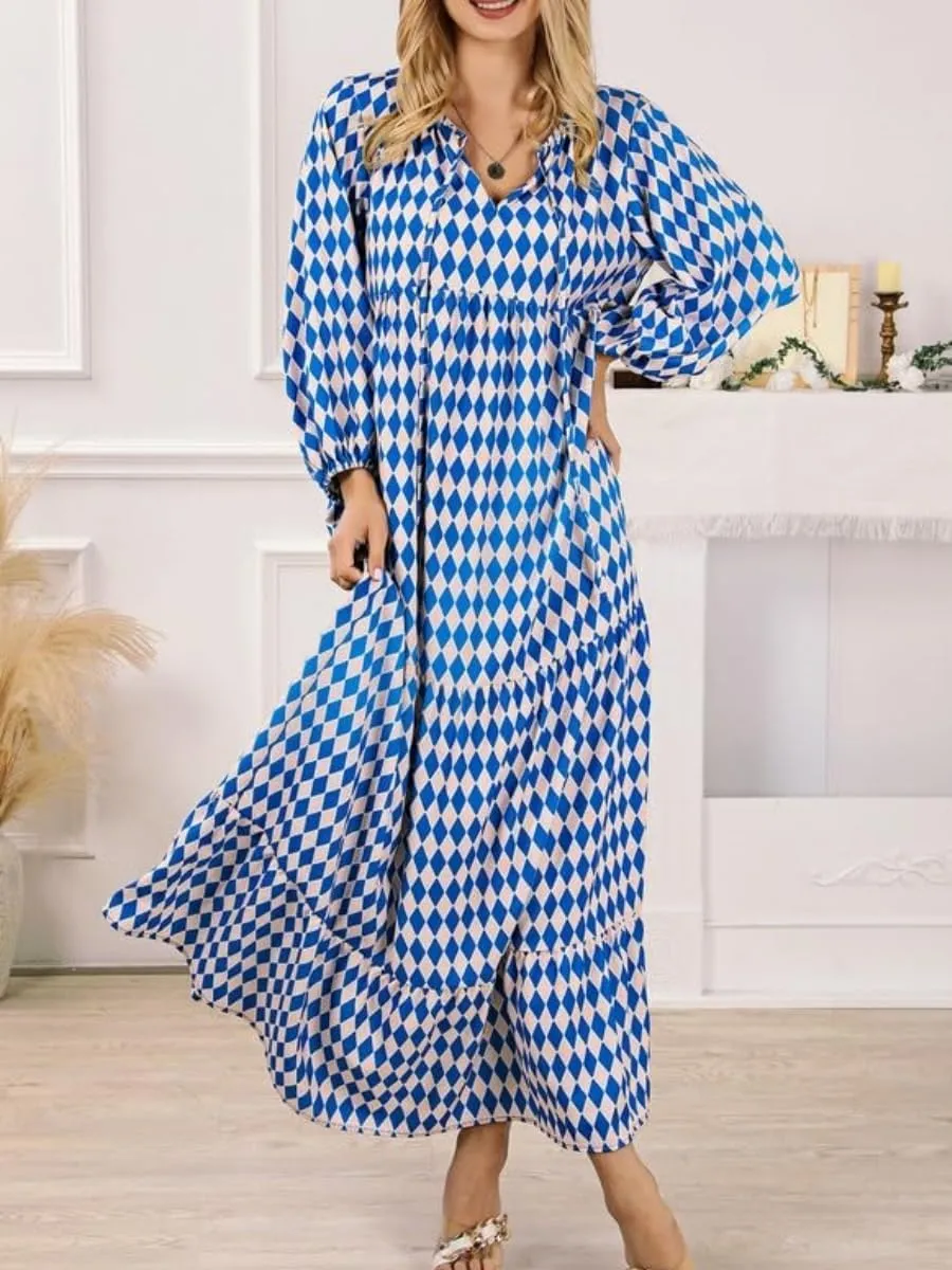 Boho Maxi Dress for Womens Vintage Print Crewneck Long Sleeve Pleated Vacation Dress Flowy Baggy Long Dresses