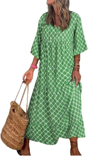 Boho Maxi Dress for Womens Vintage Print Crewneck Long Sleeve Pleated Vacation Dress Flowy Baggy Long Dresses