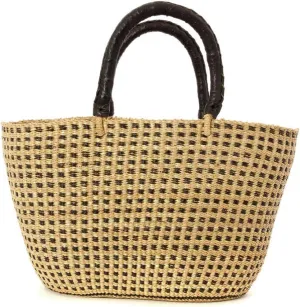 Bolga Elephant Grass Checked Shopper Tote, Handwoven in Ghana, Black/Natural