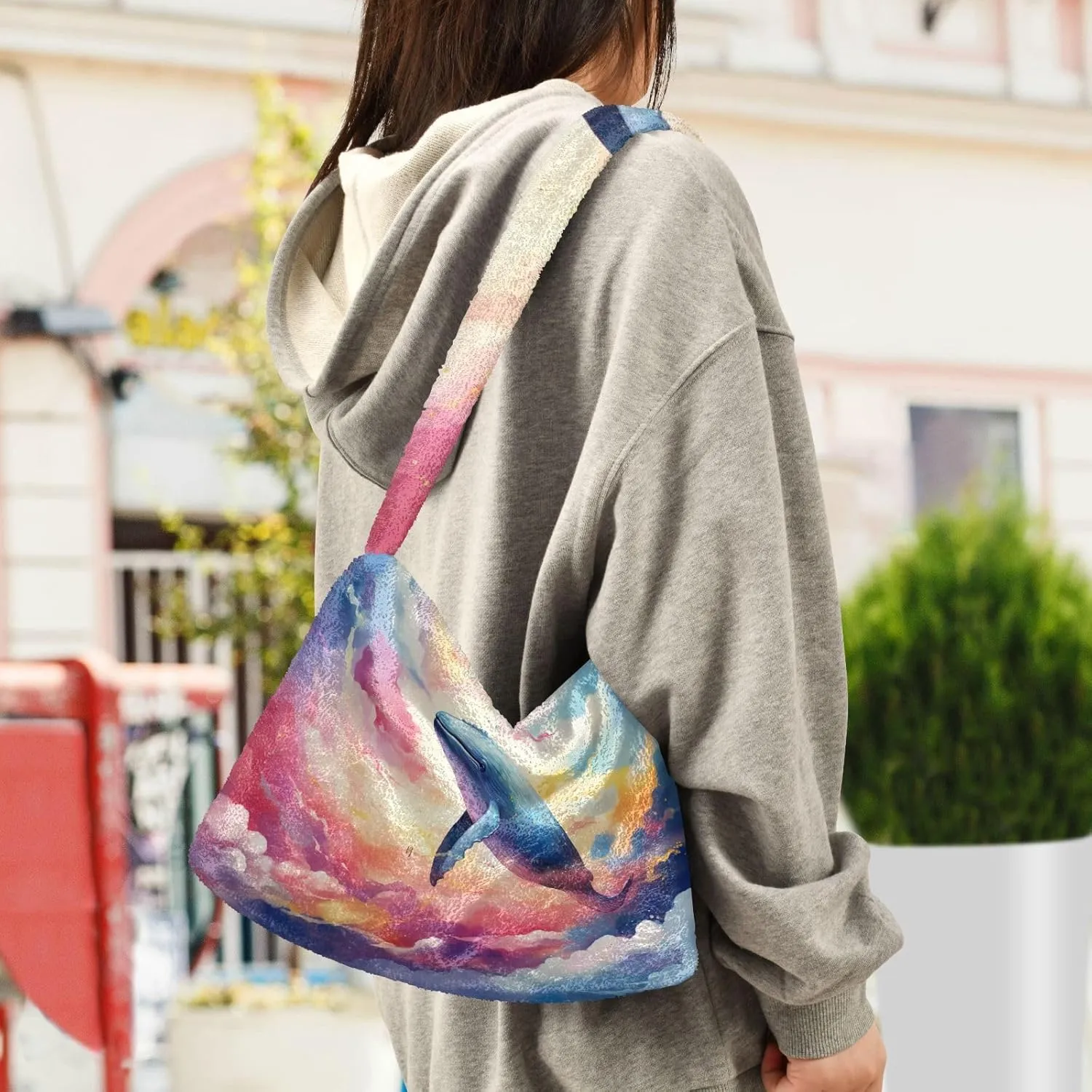 Boo Specter in Black and White Plush Bag, Plush Tote Bag Women, Womens Outdoor Bag