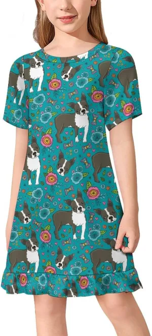 Boston Terrier French Bulldog Girls' Short Sleeve Summer Dress Kids Crewneck Loose Casual Dresses 150CM