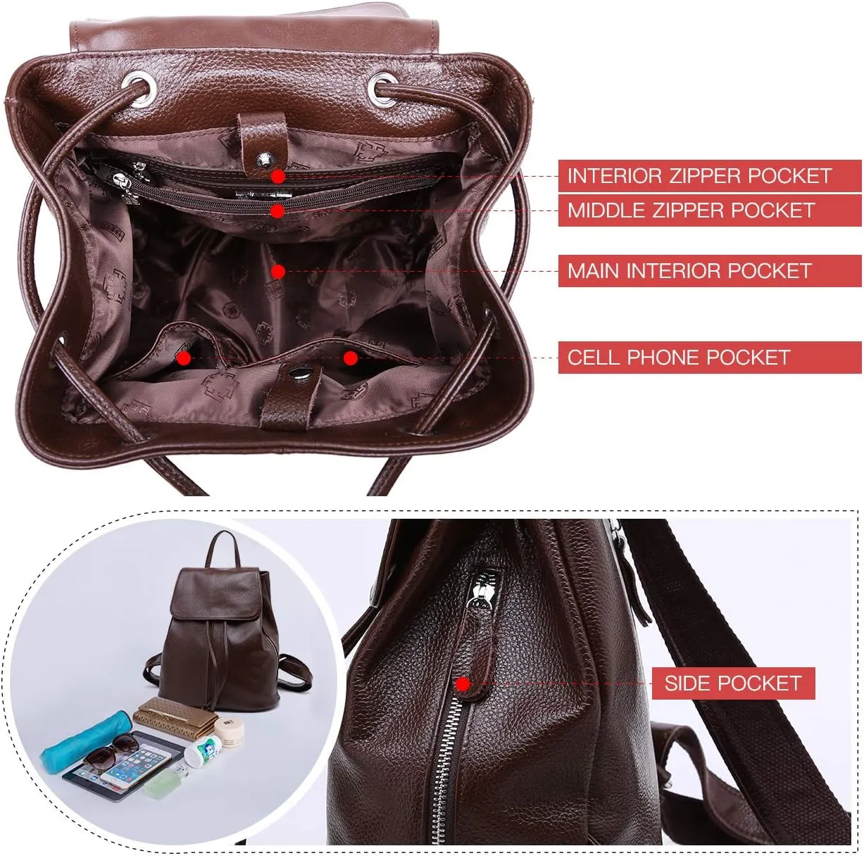 BOYATU Leather Backpack Purse for Women: Ladies Travel Fashion Back Pack - Genuine Leather Bag Casual Handbags for Work (Coffee Brown)