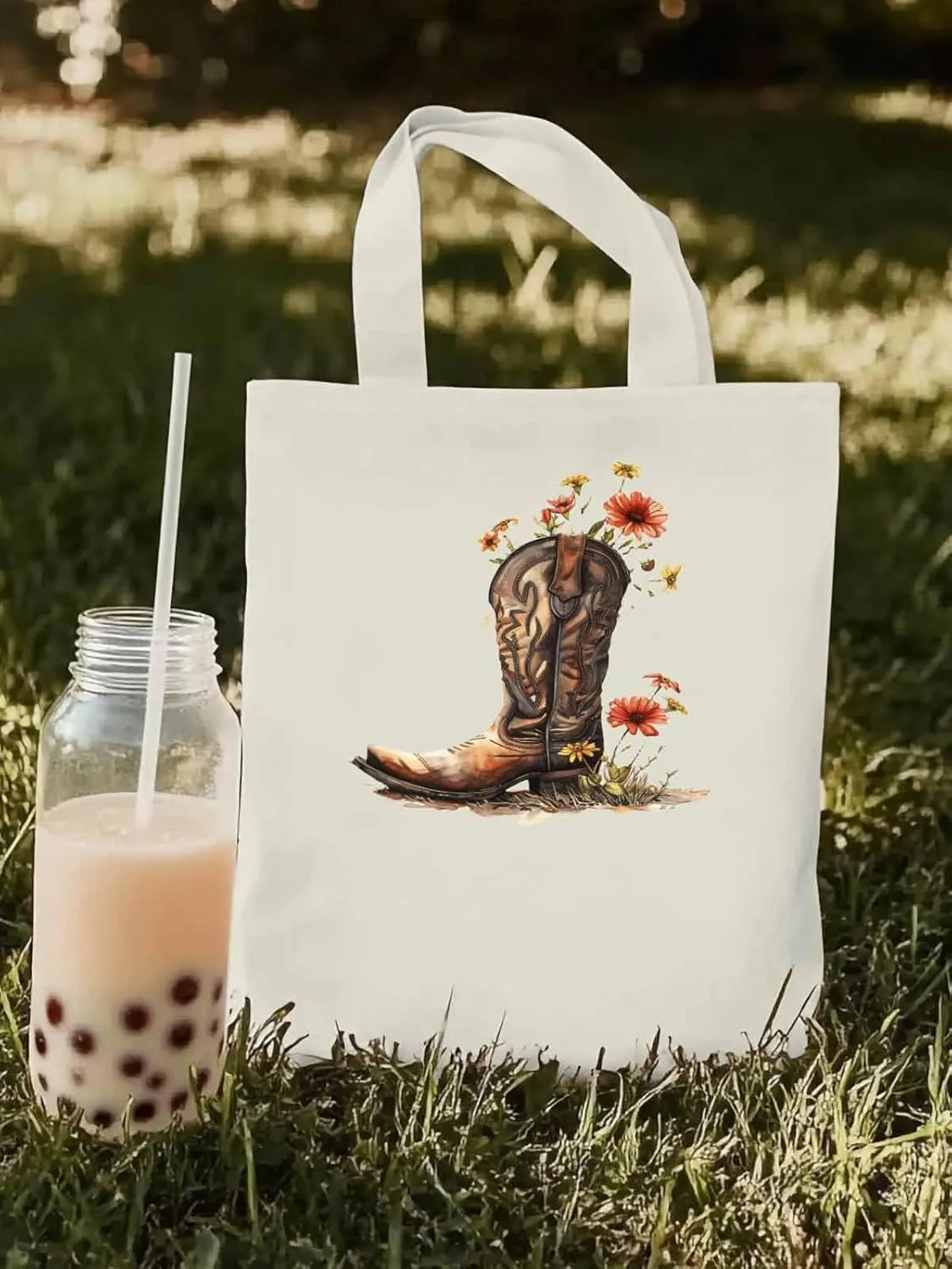 Canvas Tote Bag, Western Aesthetic Canvas Tote Handbags for Women Shoulder Bag Watercolor Floral