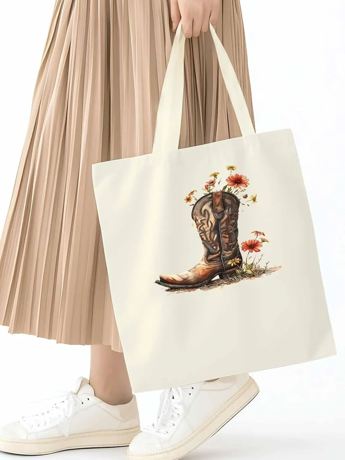 Canvas Tote Bag, Western Aesthetic Canvas Tote Handbags for Women Shoulder Bag Watercolor Floral