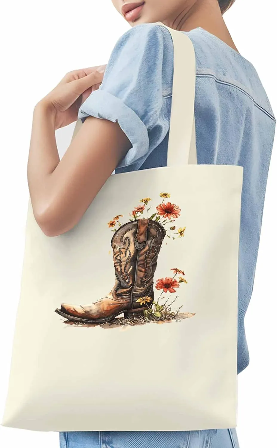 Canvas Tote Bag, Western Aesthetic Canvas Tote Handbags for Women Shoulder Bag Watercolor Floral