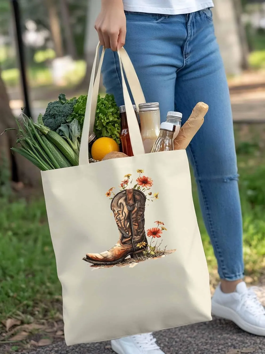 Canvas Tote Bag, Western Aesthetic Canvas Tote Handbags for Women Shoulder Bag Watercolor Floral