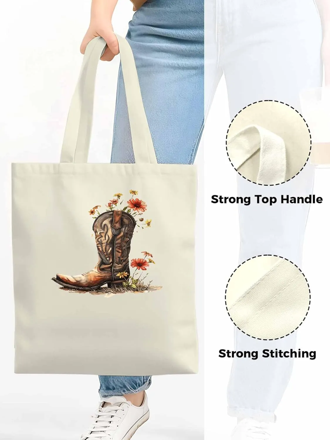 Canvas Tote Bag, Western Aesthetic Canvas Tote Handbags for Women Shoulder Bag Watercolor Floral