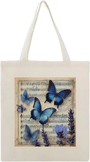 Canvas Tote Bag,Blue Butterflies And Music Sheet Handbags for Women Shoulder Bag