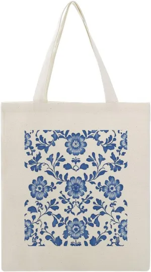 Canvas Tote Bag,Blue White Floral Chinese Porcelain Pattern Handbags for Women Shoulder Bag