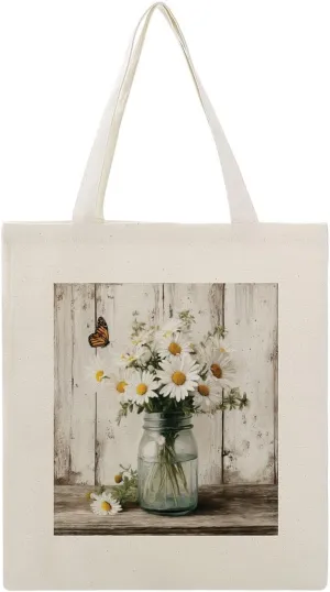 Canvas Tote Bag,Jar with Daisies Butterfly Handbags for Women Shoulder Bag