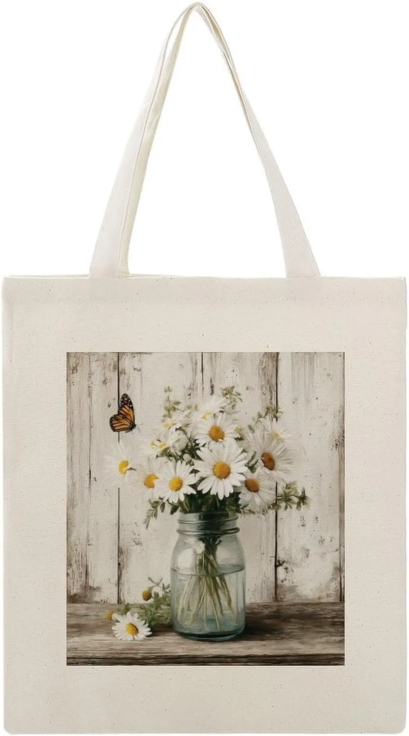 Canvas Tote Bag,Jar with Daisies Butterfly Handbags for Women Shoulder Bag
