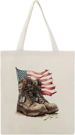 Canvas Tote Bag,Military Boots with Dog Tags American Flag Handbags for Women Shoulder Bag