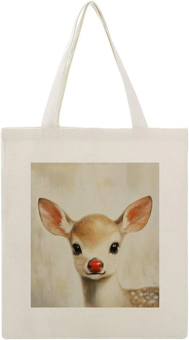 Canvas Tote Bag,Small Deer with A Red Nose Handbags for Women Shoulder Bag