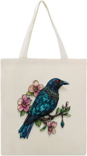 Canvas Tote Bag,Stained Glass Blue Crow Handbags for Women Shoulder Bag
