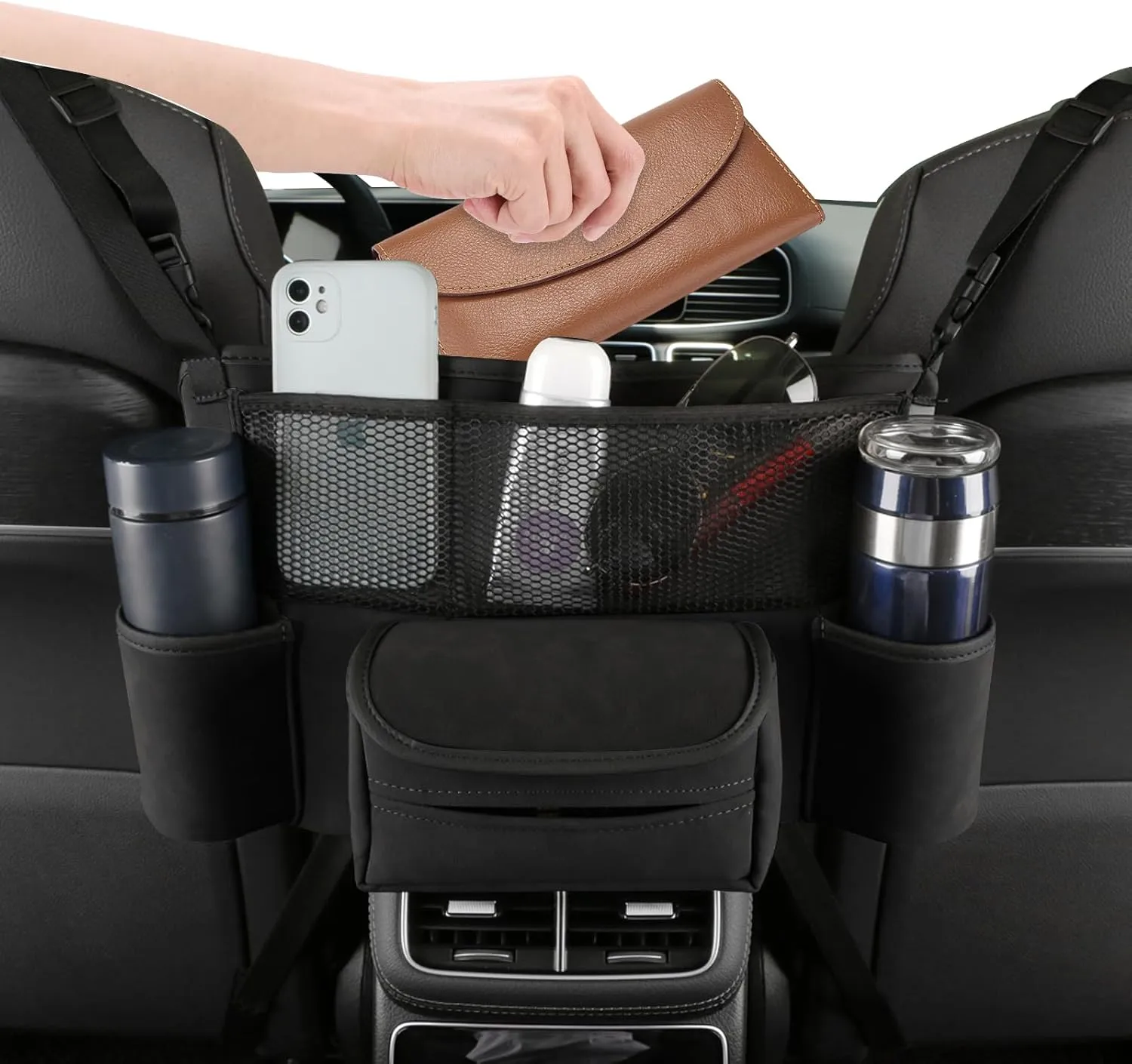 Car Purse Holder Between Front Seats, Auto Seat Organizer with Net Storage Pocket, Handbag Holder for Vehicle Center Console. Black