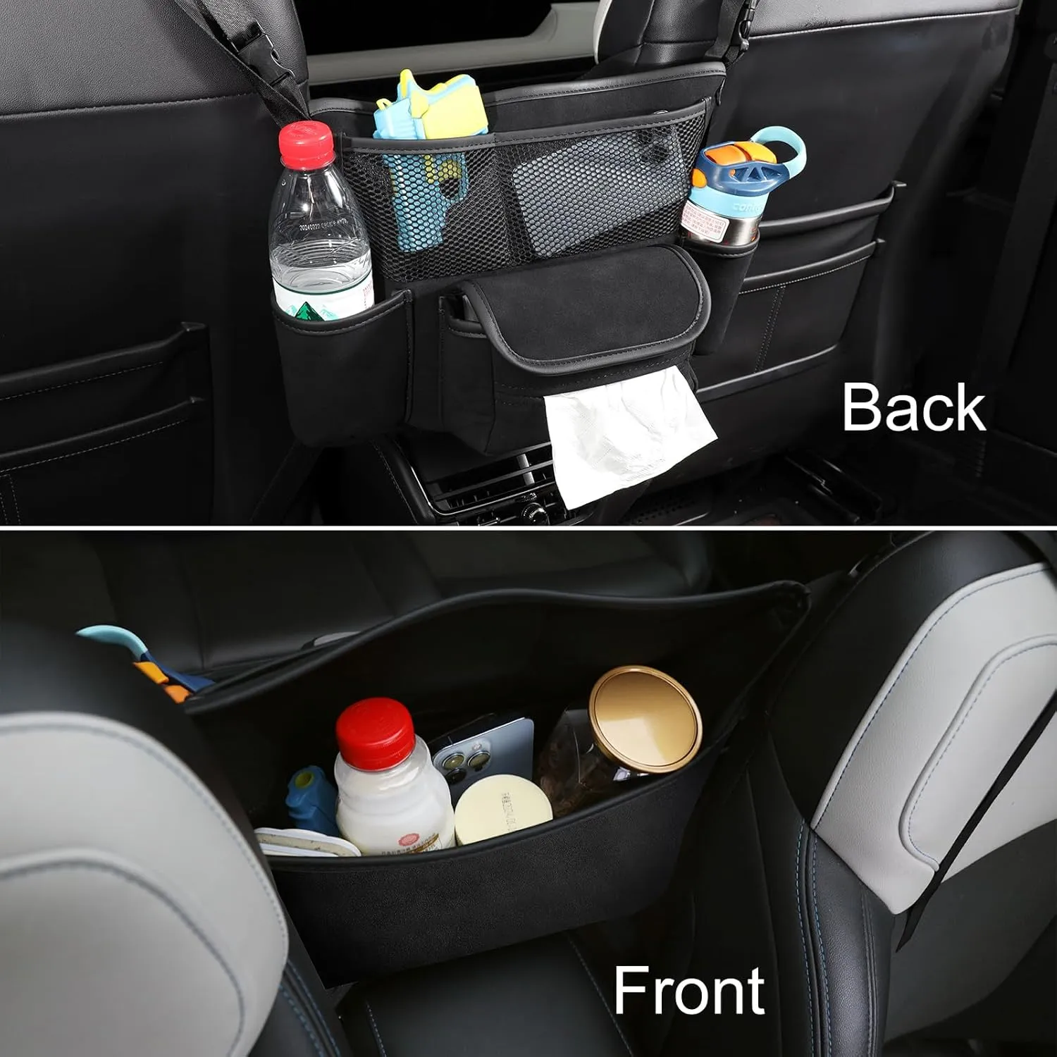 Car Purse Holder Between Front Seats, Auto Seat Organizer with Net Storage Pocket, Handbag Holder for Vehicle Center Console. Black