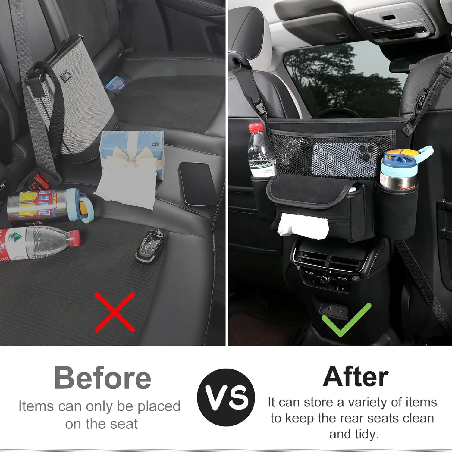 Car Purse Holder Between Front Seats, Auto Seat Organizer with Net Storage Pocket, Handbag Holder for Vehicle Center Console. Black