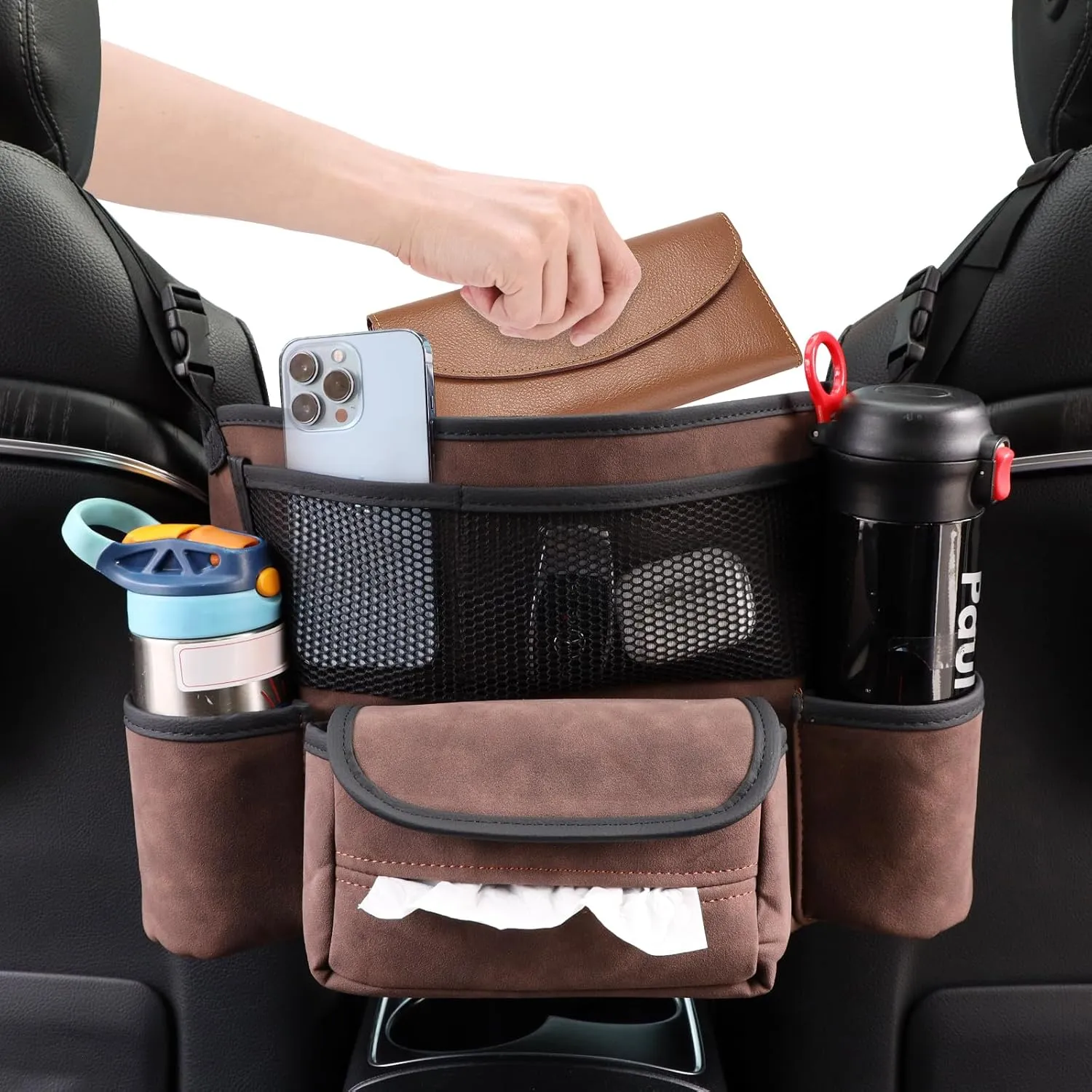 Car Purse Holder Between Front Seats, Auto Seat Organizer with Net Storage Pocket, Handbag Holder for Vehicle Center Console. Brown