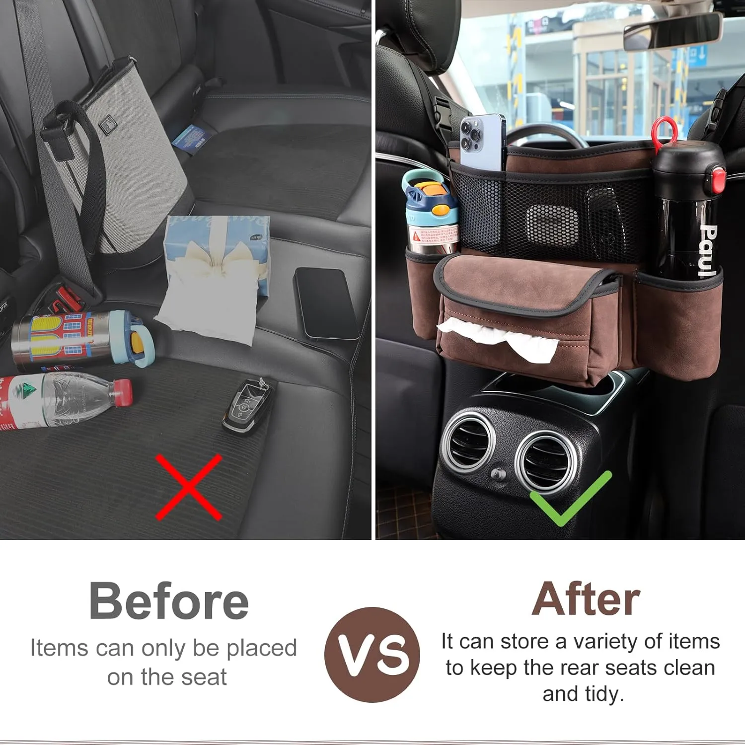 Car Purse Holder Between Front Seats, Auto Seat Organizer with Net Storage Pocket, Handbag Holder for Vehicle Center Console. Brown