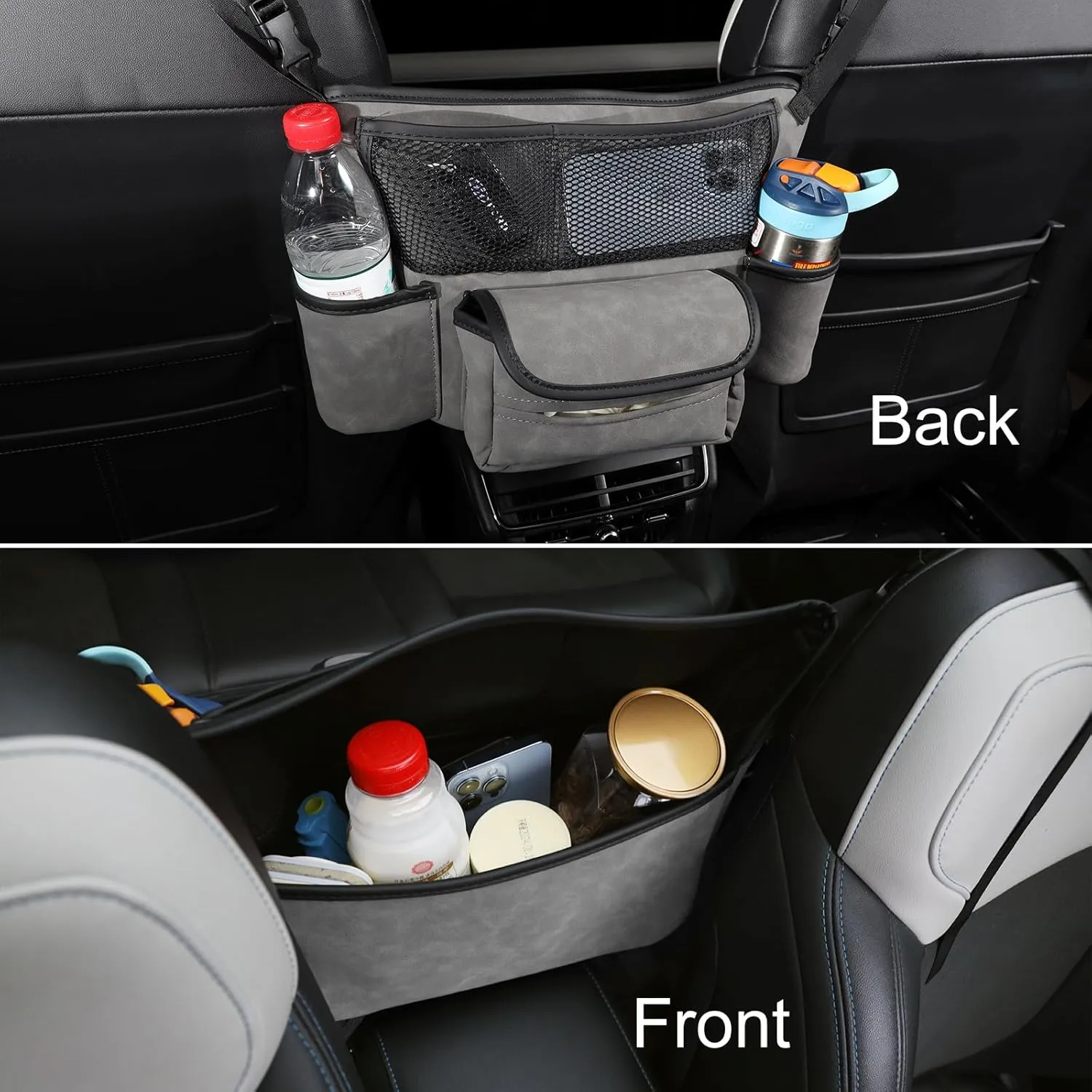 Car Purse Holder Between Front Seats, Auto Seat Organizer with Net Storage Pocket, Handbag Holder for Vehicle Center Console. Grey