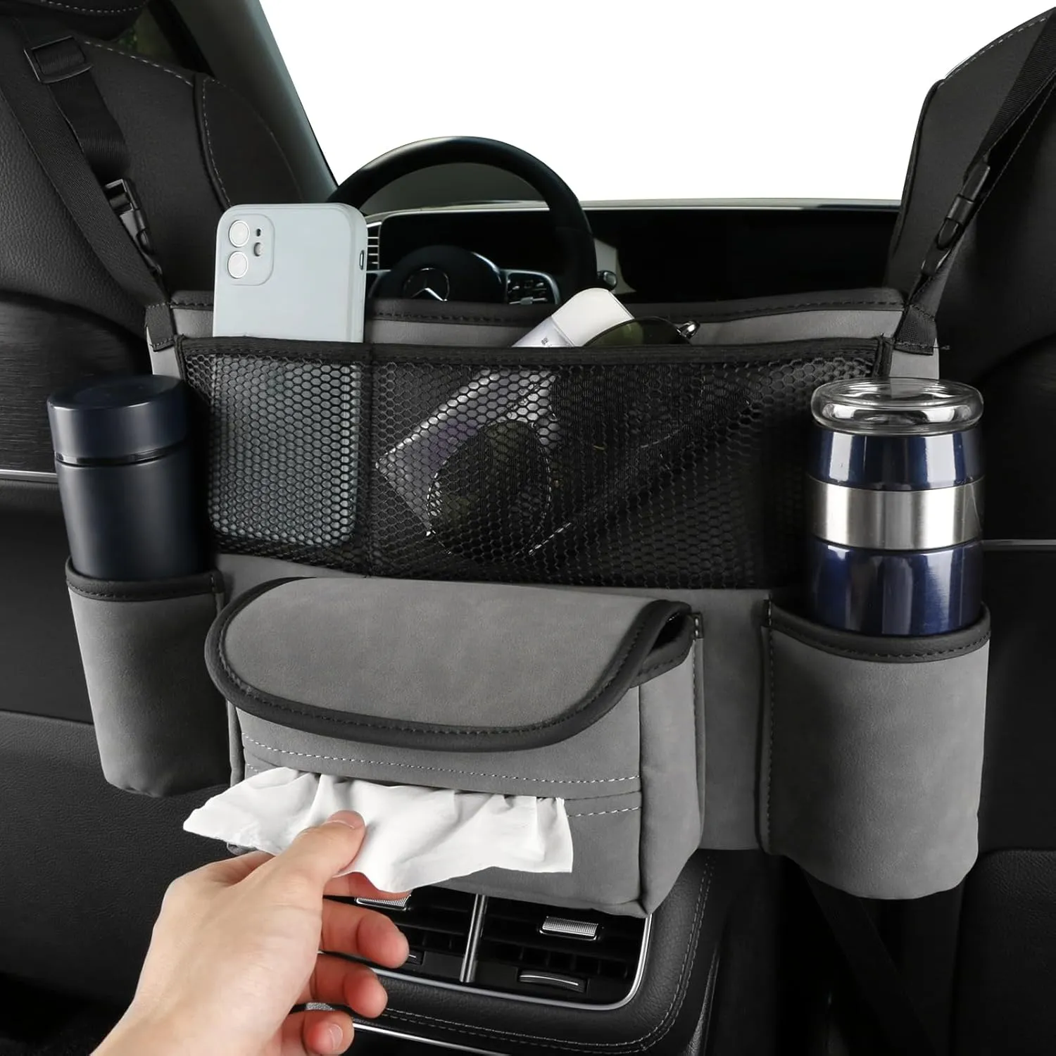 Car Purse Holder Between Front Seats, Auto Seat Organizer with Net Storage Pocket, Handbag Holder for Vehicle Center Console. Grey