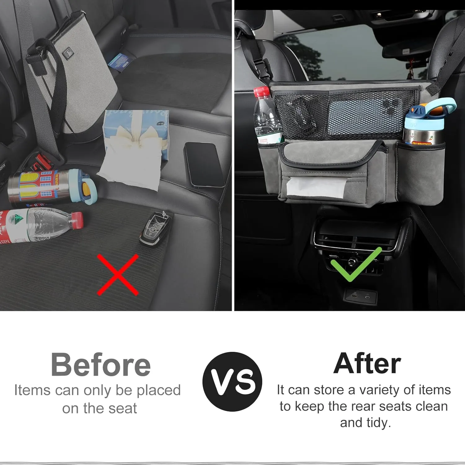 Car Purse Holder Between Front Seats, Auto Seat Organizer with Net Storage Pocket, Handbag Holder for Vehicle Center Console. Grey