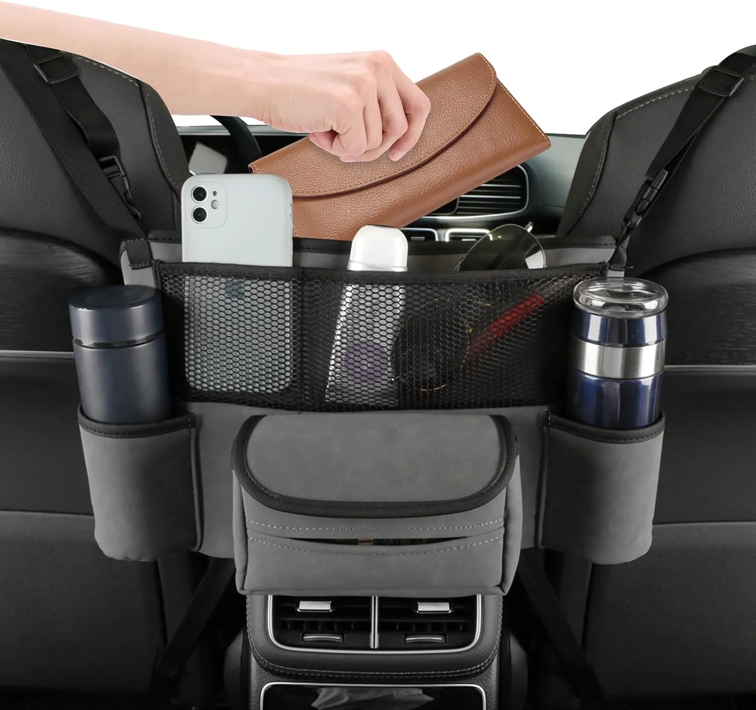 Car Purse Holder Between Front Seats, Auto Seat Organizer with Net Storage Pocket, Handbag Holder for Vehicle Center Console. Grey