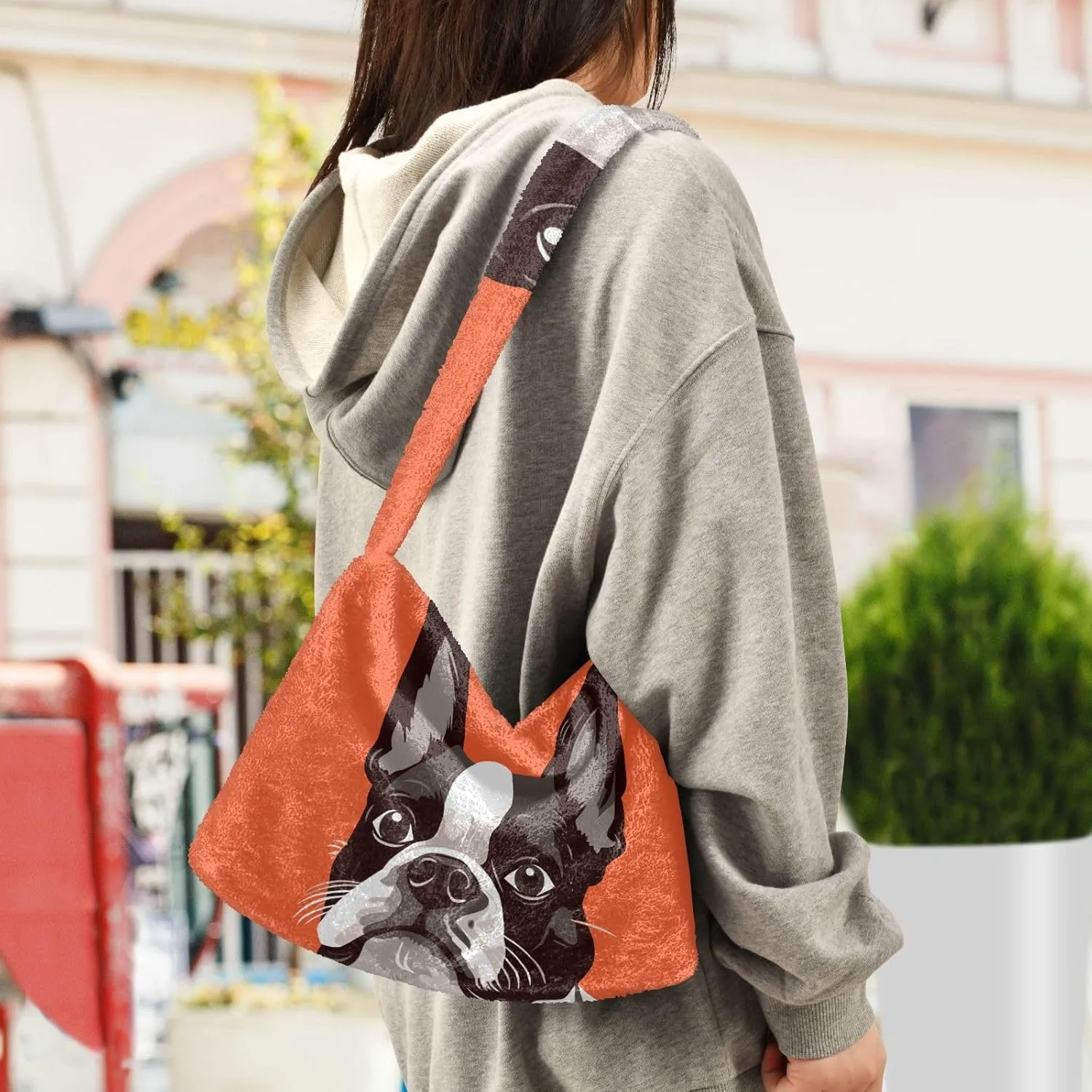 Cartoon Probe Black and White Bulldog Women Shoulder Bag Tote, Plush Tote Bag Women, Womens Outdoor Bag