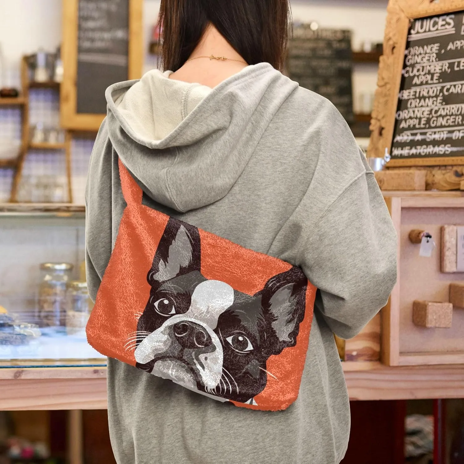 Cartoon Probe Black and White Bulldog Women Shoulder Bag Tote, Plush Tote Bag Women, Womens Outdoor Bag