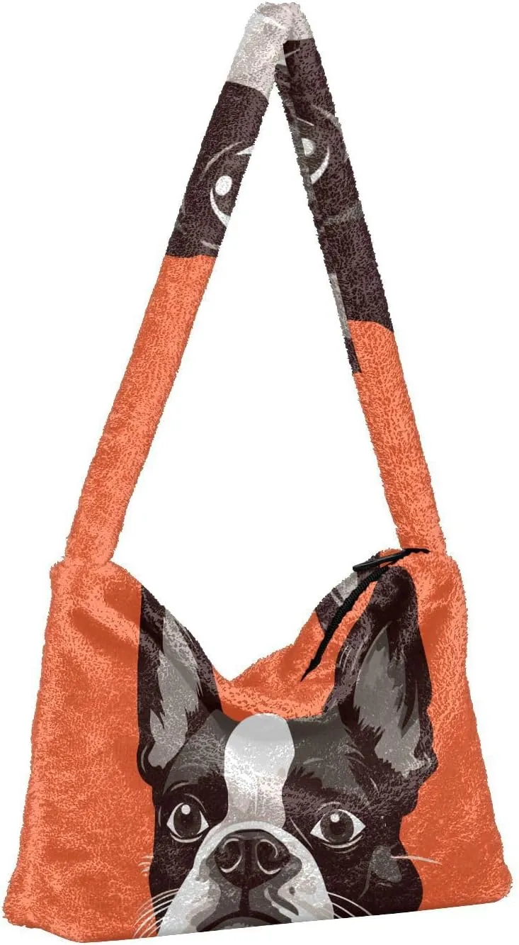 Cartoon Probe Black and White Bulldog Women Shoulder Bag Tote, Plush Tote Bag Women, Womens Outdoor Bag