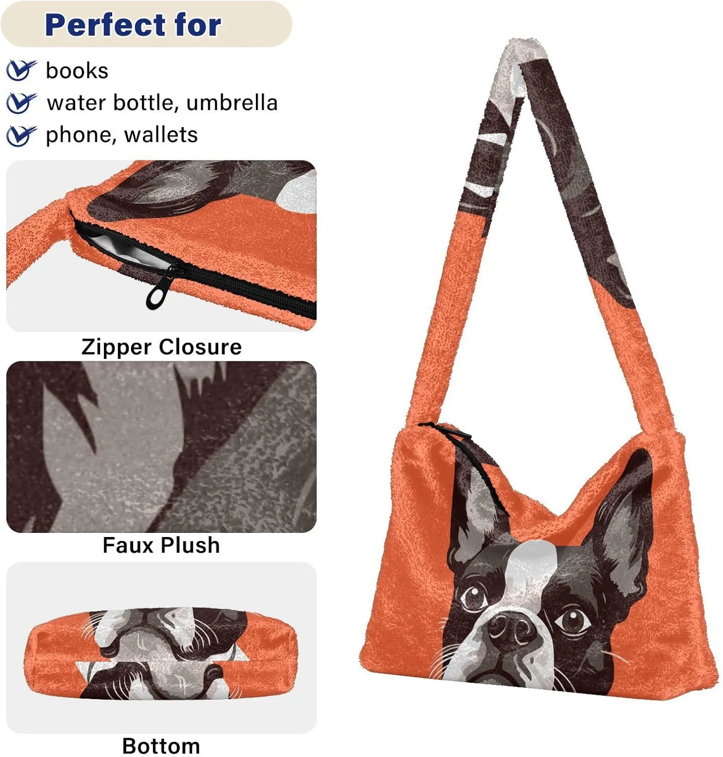 Cartoon Probe Black and White Bulldog Women Shoulder Bag Tote, Plush Tote Bag Women, Womens Outdoor Bag