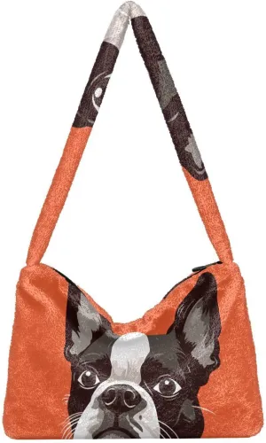 Cartoon Probe Black and White Bulldog Women Shoulder Bag Tote, Plush Tote Bag Women, Womens Outdoor Bag