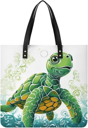 Cartoon Turtle Pattern Tote Bag Durable Water-Resistant Handbags Lightweight Tote for Travel Work Book